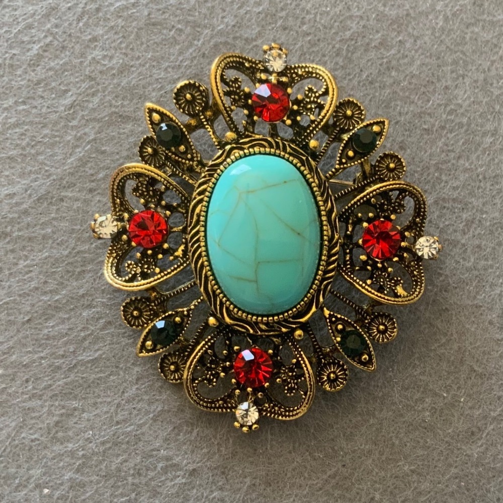 Vintage Style Gold Tone Turquoise Cabochon Brooch Red Rhinestone Filigree Pin 2"